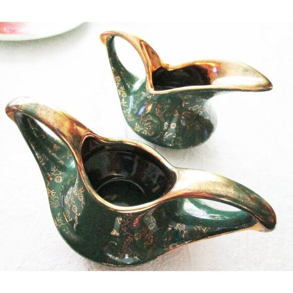 China Company, Handpainted, Hunter Green, 22 KT Gold Plated, Sugarl & Cream Dish - Picture 1 of 8